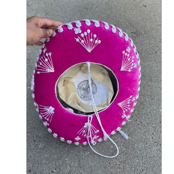Vintage Pigalle Mexican Sombrero Pink Velvet Silver Embroidered Mariachi Charro